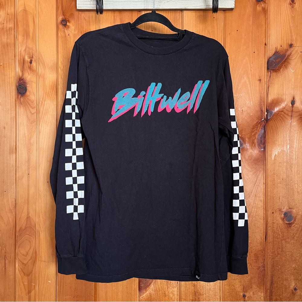 Black Long Sleeve Tee with Checker Sleeves